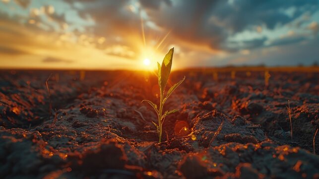A small green sprout emerges from cracked, parched soil, symbolizing the resilience of nature and the fight against climate change. Concept of combating desertification