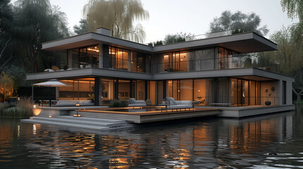 Fototapeta premium 21st-Century Minimalist Concrete and Glass House:. Image showcasing the sleek and minimalist design of the house with concrete and glass elements.