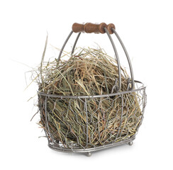 Dried hay in metal basket isolated on white