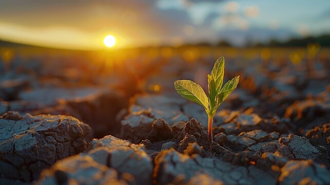 A small green sprout emerges from cracked, parched soil, symbolizing the resilience of nature and the fight against climate change. Concept of combating desertification