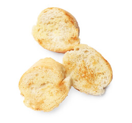 Pieces of toasted bread isolated on white, top view