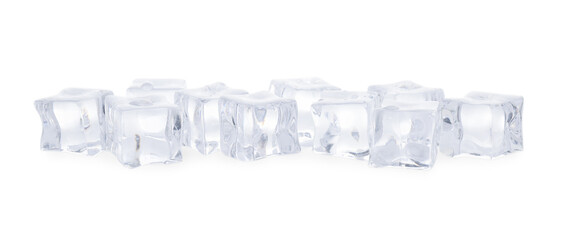 Obraz premium Many melting crystal clear ice cubes isolated on white