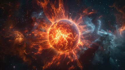 Fototapeta premium Fiery planet in outer space. Fantasy fractal texture. 3D rendering