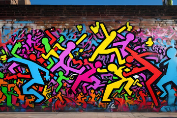 Description: A vibrant and crazy illustration showcases a graffiti wall adorned with colorful abstract dancing figures, exuding an energetic and lively atmosphere of urban expression.