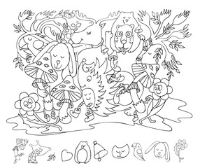 Obraz premium Find and color the hidden objects. Psychedelic mushroom, flowers and animals. Funny puzzle educational game. Coloring page. Sketch Vector illustration.