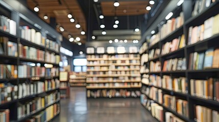 Fototapeta premium Blurred BookStore Background, Sleek Black defocused business interior, modern concept