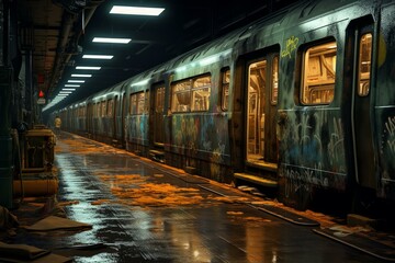 Fototapeta premium Moody image of a graffiti-covered subway train parked in a dimly lit, derelict station