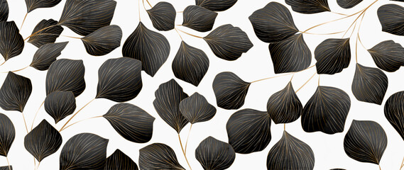 Art background with black exotic leaves on a branch with golden line elements. Botanical banner with exotic plants for decoration, print, textile, wallpaper, poster, interior.