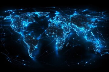 A world map made of glowing blue connections, highlighting global network and connectivity on a black background Generative AI