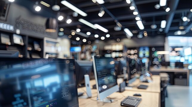 Blurred Computer Store Background, Charcoal defocused business interior, modern concept