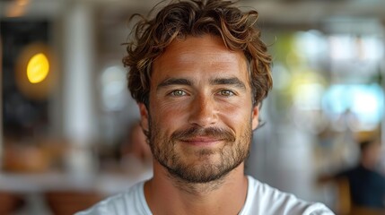 Fototapeta premium Handsome man with curly hair smiling at the camera.