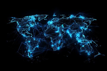 A world map made of glowing blue connections, representing global networks and connectivity on a black background Generative AI