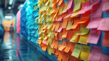 Fototapeta premium Colorful sticky notes covering a wall, representing ideas, tasks, and reminders.