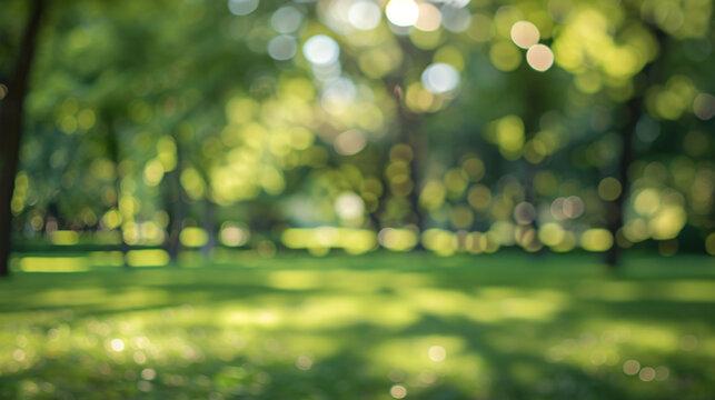 Blurred background of lush green park in summer. Abstract nature background with bokeh of sunny park with green grass and trees. Summer backdrop for relaxation and tranquility.