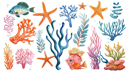Vivid illustration of marine life: colorful fish, coral reefs and starfish in an underwater scene	