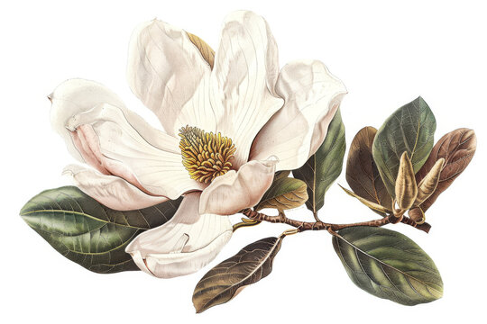 Detailed antique botanical magnolia illustration. A vintage hand-drawn historical artwork of flora and flowers with white petals and leaves. Perfect for educational and horticultural purposes