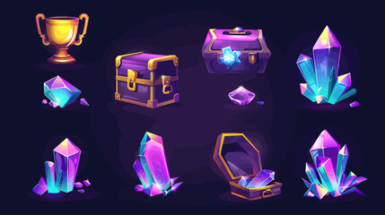 Charming collection of shimmering purple crystals, treasure chests and golden trophy on a dark background - digital art illustration