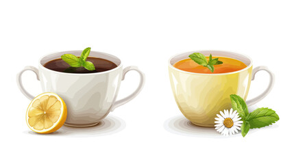 Cozy herbal tea time: two cups with a slice of lemon and mint leaf isolated on white	
