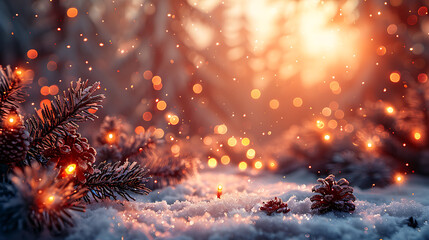 Magical Winter Landscape with Blurred Christmas Lights