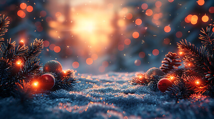 Winter Landscape with Blurred Christmas Background and Xmas Lights