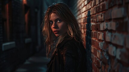 Fototapeta premium Woman Standing Beside Brick Wall