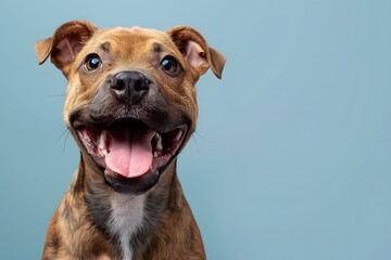 Happy dog looks funny Looking up at the sky with tongue out and mouth open on a light blue background. There is copy space. You can add interesting messages to attract the attention of pet lovers.