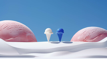 Ice creams on bright background, minimal concept, copy space