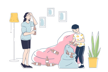Alcoholism problem simple style concept. Woman and her young son looking at empty wine bottles at home. Mental and psychological problems, stress. Line art style flat vector illustration or banner