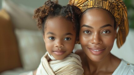 Portrait of a smiling Black mother and daughter.