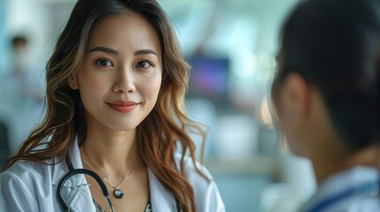 Fototapeta premium Smiling female doctor talking to a patient in a hospital.
