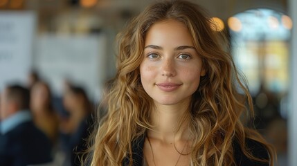 Young woman with long wavy hair smiling at the camera.