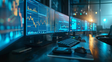 A financial analyst studies multiple screens displaying complex trading data in a dark office.