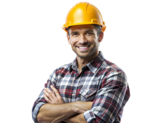 A man wearing a yellow hard hat and a plaid shirt is smiling