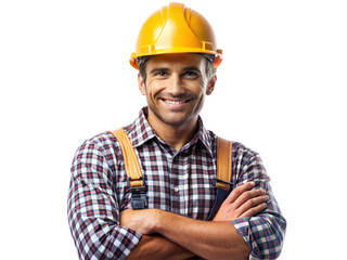A man wearing a yellow hard hat and a plaid shirt is smiling