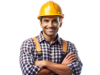 A man wearing a yellow hard hat and a plaid shirt is smiling