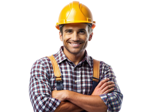 A man wearing a yellow hard hat and a plaid shirt is smiling