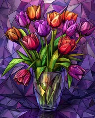 Cubist-style decorative vase with vibrant flowers, illustration in cubism style, close-up shot