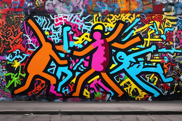 Obraz premium Description: A vibrant and crazy illustration showcases a graffiti wall adorned with colorful abstract dancing figures, exuding an energetic and lively atmosphere of urban expression.