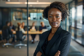 Professional businesswoman stands in a contemporary office environment, exuding confidence with a focused expression and team in the background
