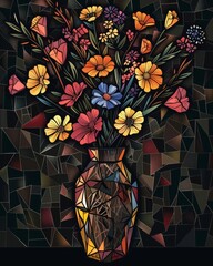 Cubist-style decorative vase with vibrant flowers, illustration in cubism style, close-up shot