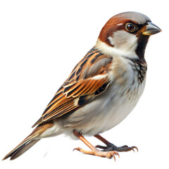 A brown and white bird with a black beak is perched on a transparent background