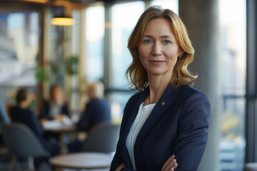 Fototapeta premium Professional businesswoman in a suit standing confidently in an office setting with colleagues discussing in the background
