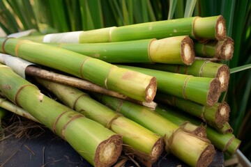 Fototapeta premium Verdant Sugarcane green plant field closeup photo. Agriculture fresh rural plantation harvest. Generate Ai