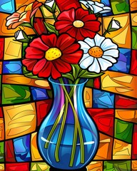 Close-up view of vibrant colorful flowers in decorative vase, vector style illustration
