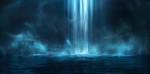 Abstract Misty Waterfalls of Light on Dark Blue Background