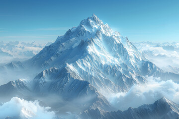 A majestic mountain range stretching across the horizon, its snow-capped peaks towering against the backdrop of a clear blue sky. Concept of awe-inspiring nature and adventure. Generative Ai. - Powered by Adobe