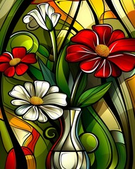 Decorative vase filled with flowers, vector style illustration close-up, vibrant colors