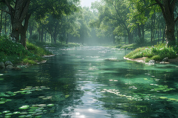 Obraz premium A tranquil riverside retreat enveloped by lush greenery, the gentle murmur of the water soothing the soul and calming the mind. Concept of natural serenity and introspection. Generative Ai.
