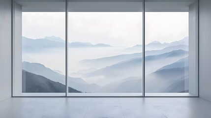 Panoramic Window View of Misty Mountains - Minimalist Design