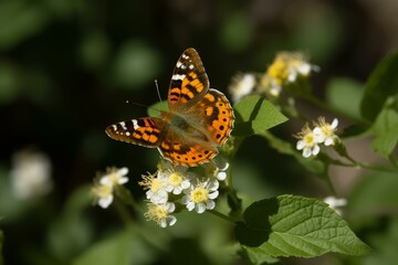 Close-up of a colorful painted lady butterfly perched on white flowers, with green foliage...